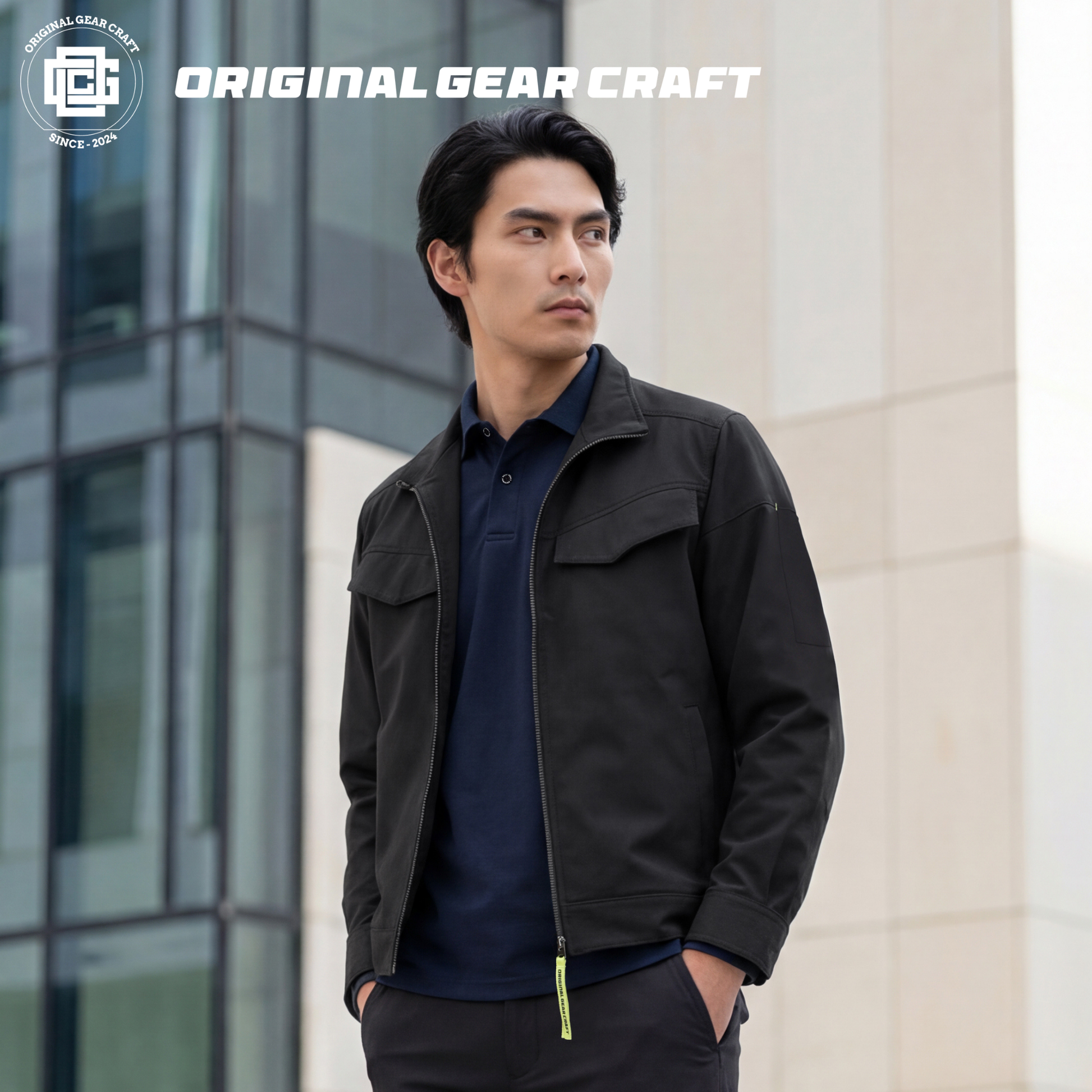 ORIGINAL GEAR CRAFT 26ASJKT02 ストレッチジャケットの正面。スマートなジップアップ仕様のミニマルな男女兼用デザイン（カラー：ブラック）